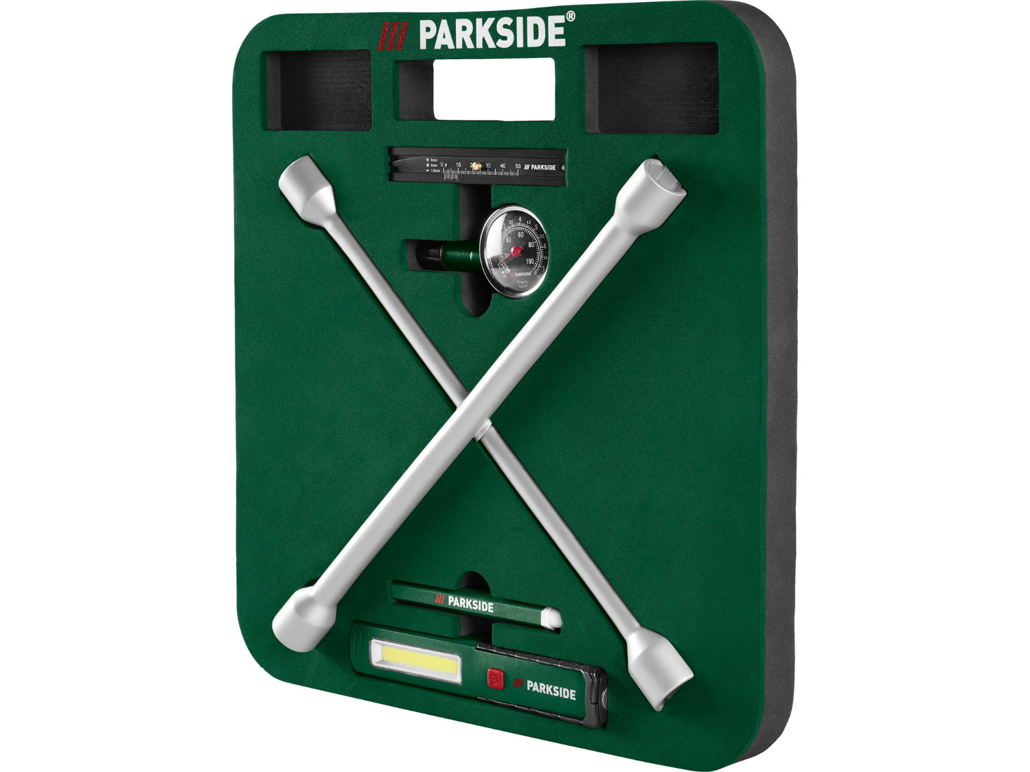 PARKSIDE® 6 részes autószerszám készlet – keresztemelő kulccsal, térdpárnával és LED-lámpával