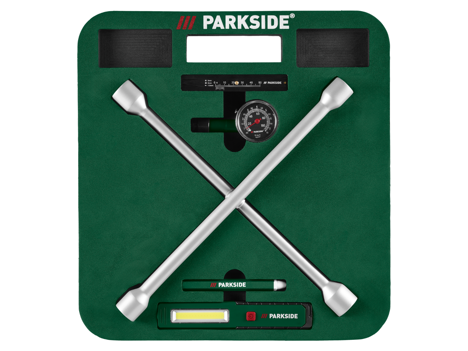 PARKSIDE® 6 részes autószerszám készlet – keresztemelő kulccsal, térdpárnával és LED-lámpával