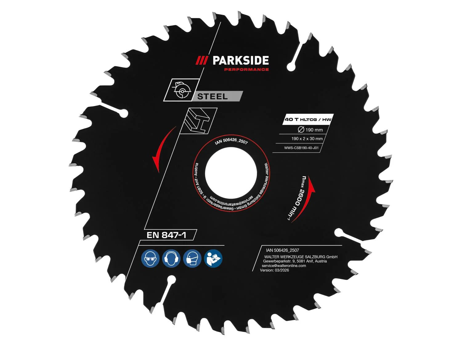 PARKSIDE PERFORMANCE® acélvágó körfűrészlap – 190 mm, 40 fog, szűkítőgyűrűkkel