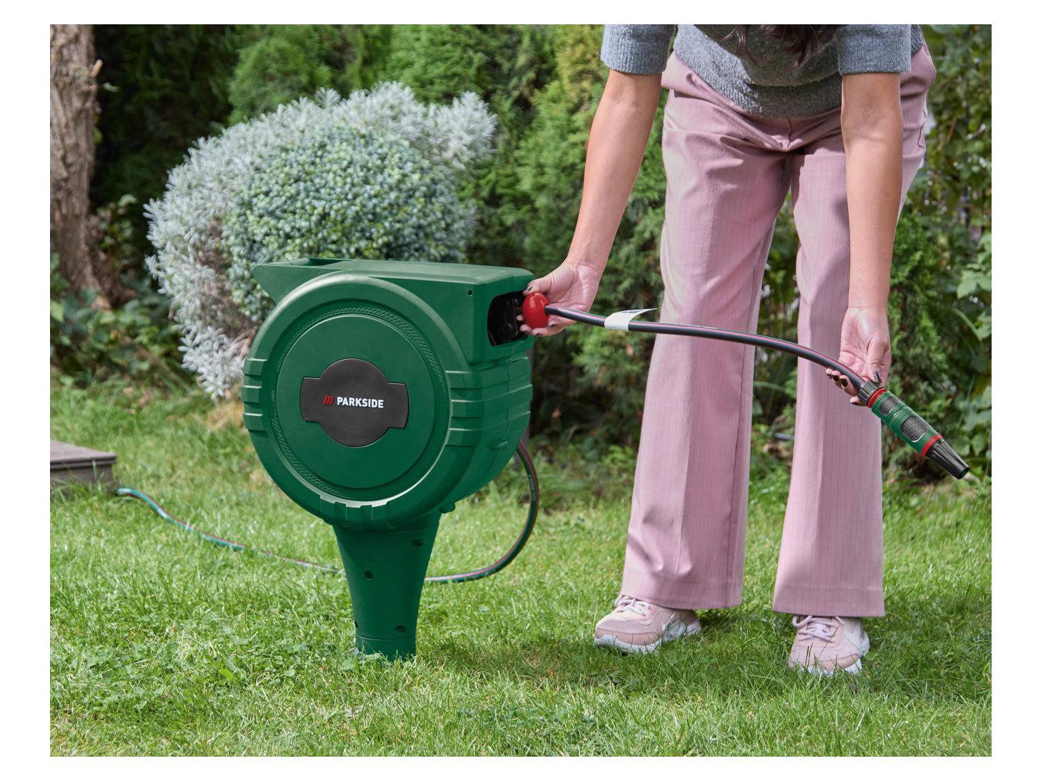 PARKSIDE® HRG 25 A1 Automata kerti tömlődob, 25 m, földbe szúrható, 360°-ban forgatható, locsolófejjel